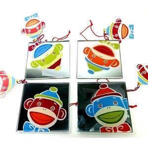 Midwest Set Of 4 Adorable Mirrored 4x4 Christmas Sock Monkey Ornaments Tags